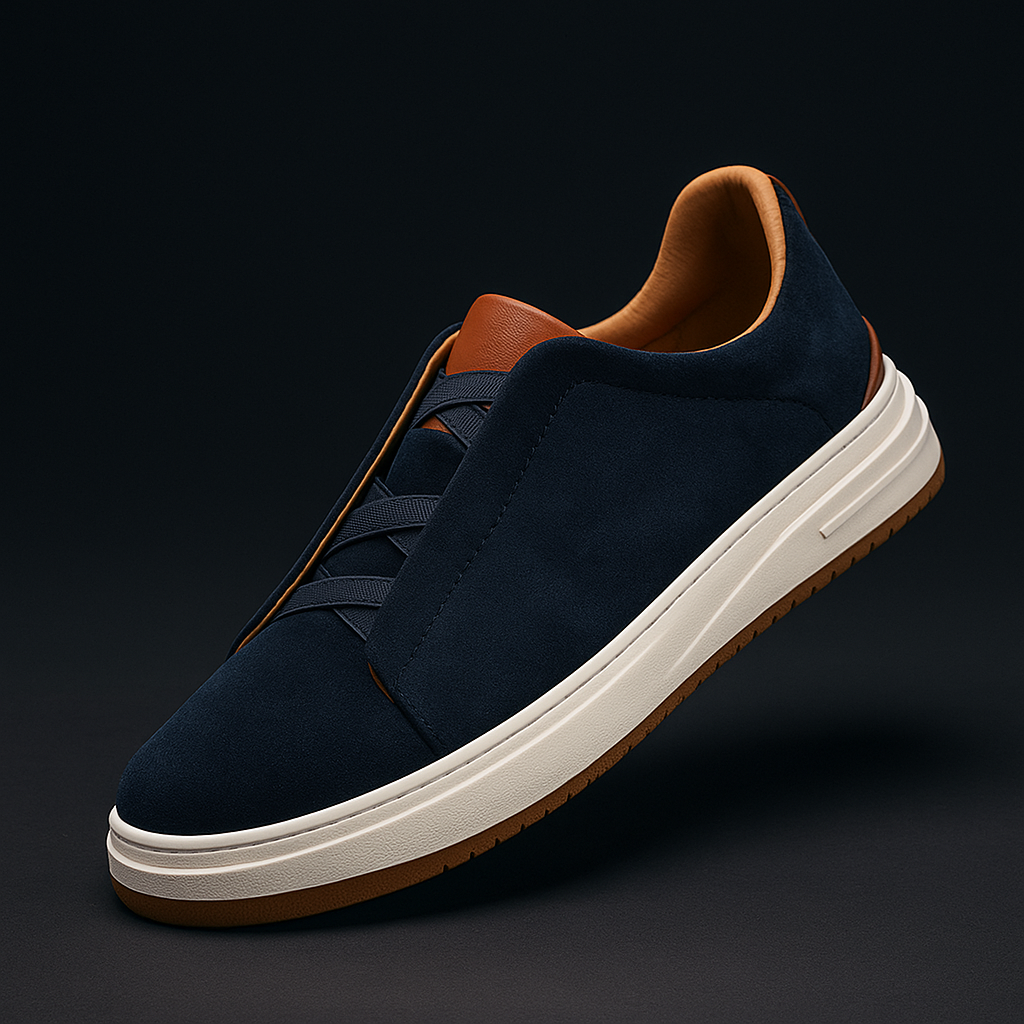 Single navy blue suede Dominic slip-on sneaker with tan trim, angled shot against a dark moody background