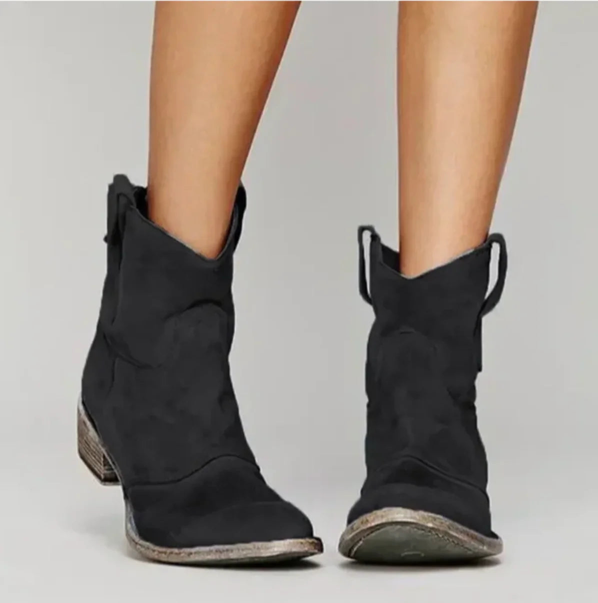 Eliana Suede Western Ankle Boots – Stable Low-Heel Pull-On Footwear