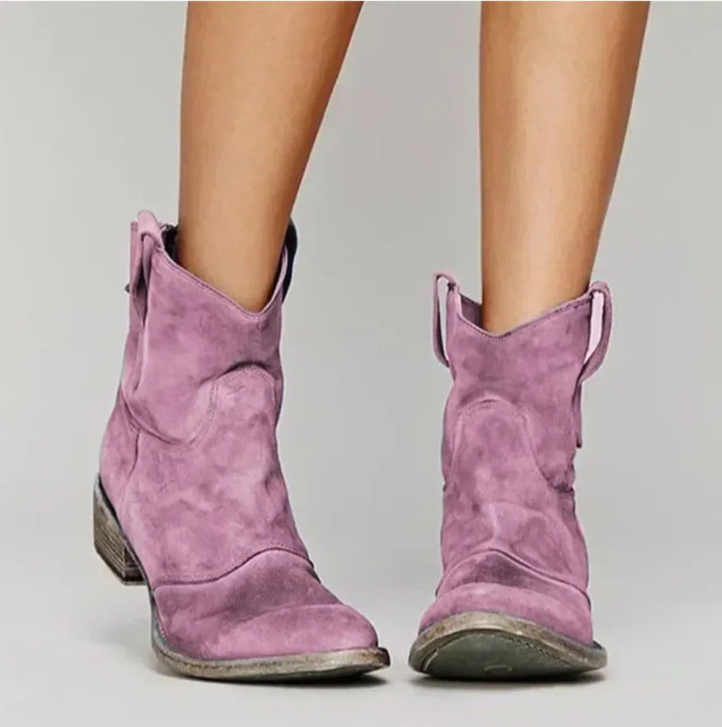 Eliana Suede Western Ankle Boots – Stable Low-Heel Pull-On Footwear