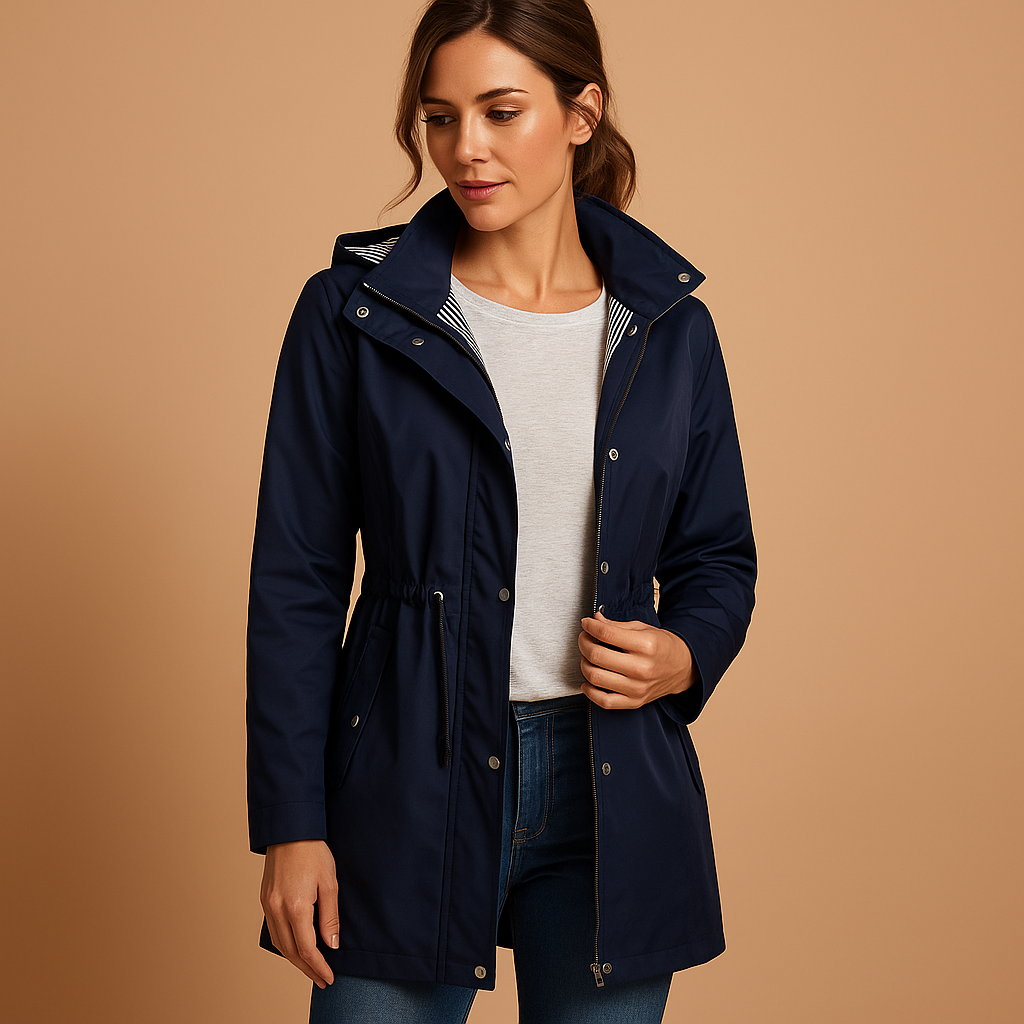Eliana Water-Repellent Windbreaker Jacket – Detachable Hood Drawstring Longline Coat
