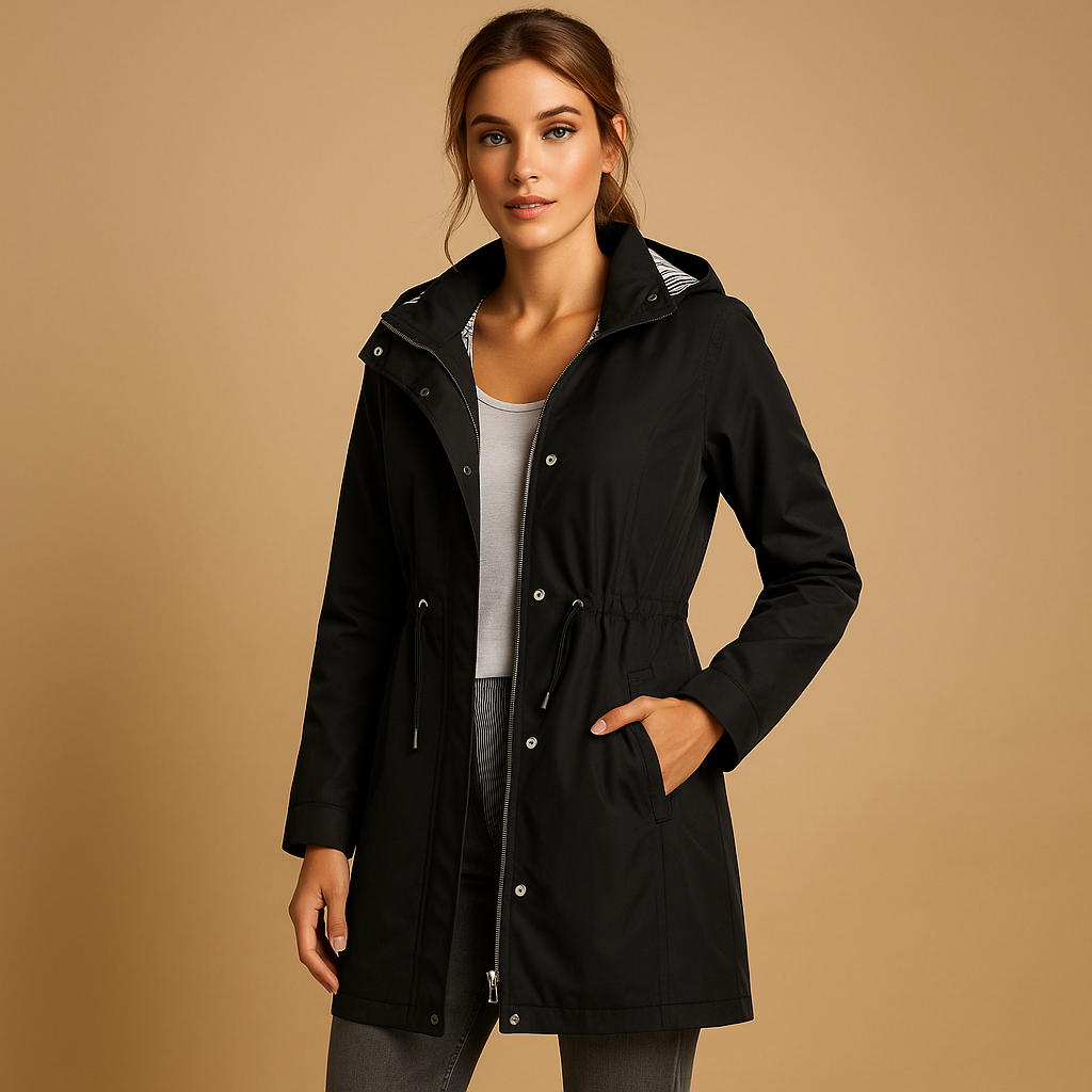 Eliana Water-Repellent Windbreaker Jacket – Detachable Hood Drawstring Longline Coat