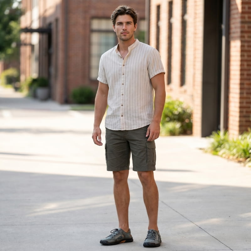 Man in striped short-sleeve shirt and cargo shorts standing on an urban sidewalk wearing green nubuck fisherman sandals