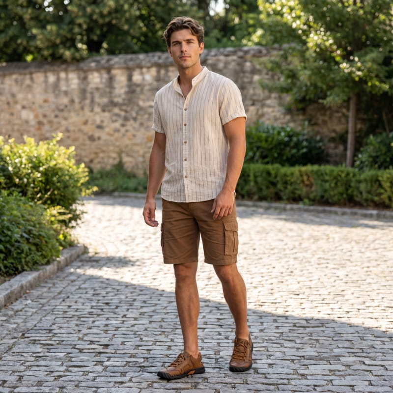 Man in striped short-sleeve shirt and cargo shorts standing on a cobblestone courtyard wearing brown nubuck fisherman sandals