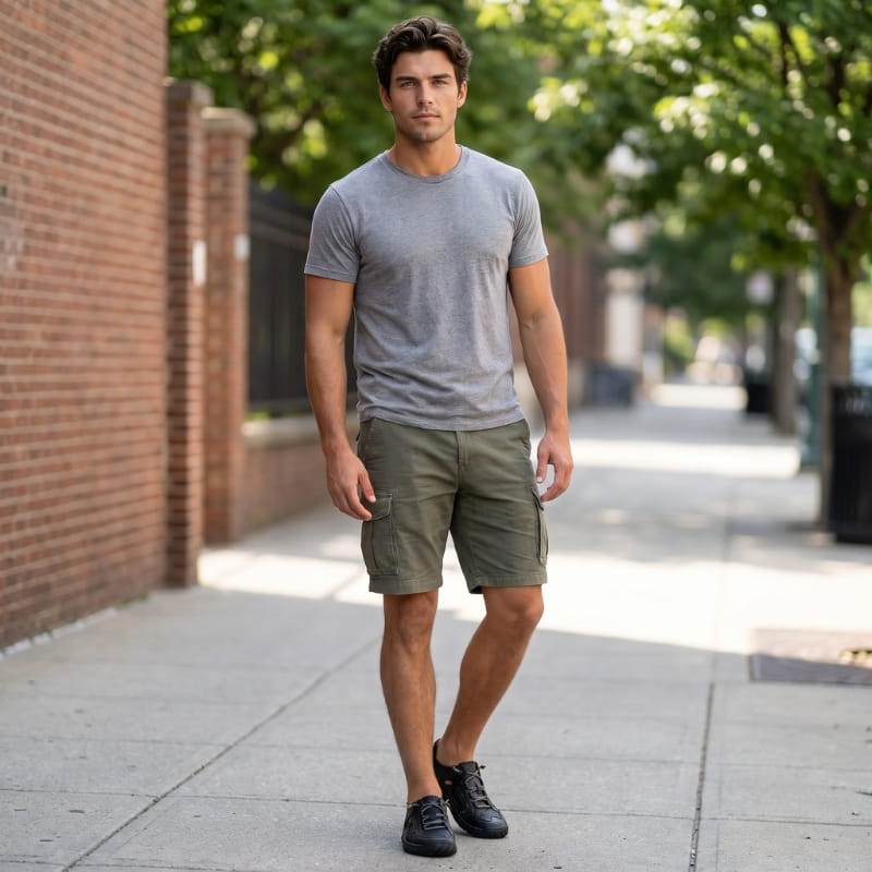 Man in gray t-shirt and olive cargo shorts walking on an urban sidewalk wearing black leather fisherman sandals