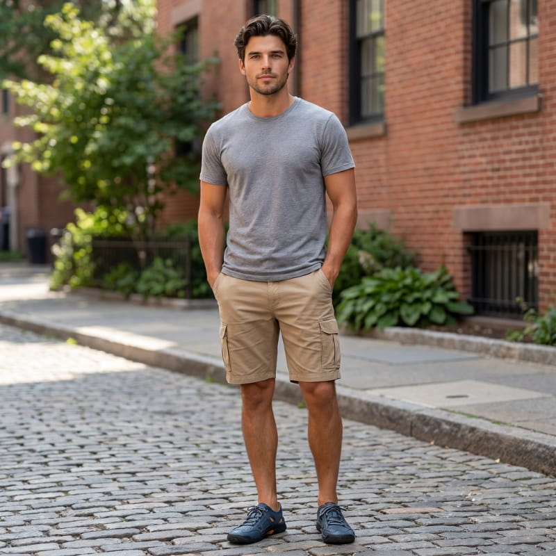 Man in gray t-shirt and khaki cargo shorts standing on a cobblestone street wearing blue nubuck fisherman sandals