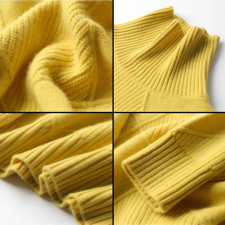 Close-up collage of the mustard yellow sweater showcasing the ribbed turtleneck, textured knit pattern, cuffs, and premium fabric.