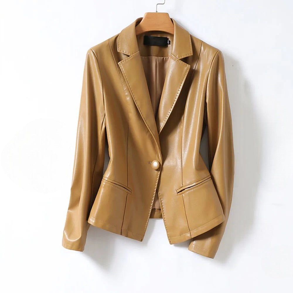 Camel lambskin leather blazer with notched lapel and single-button closure, shown full front on a hanger