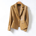 Camel lambskin leather blazer with notched lapel and single-button closure, shown full front on a hanger