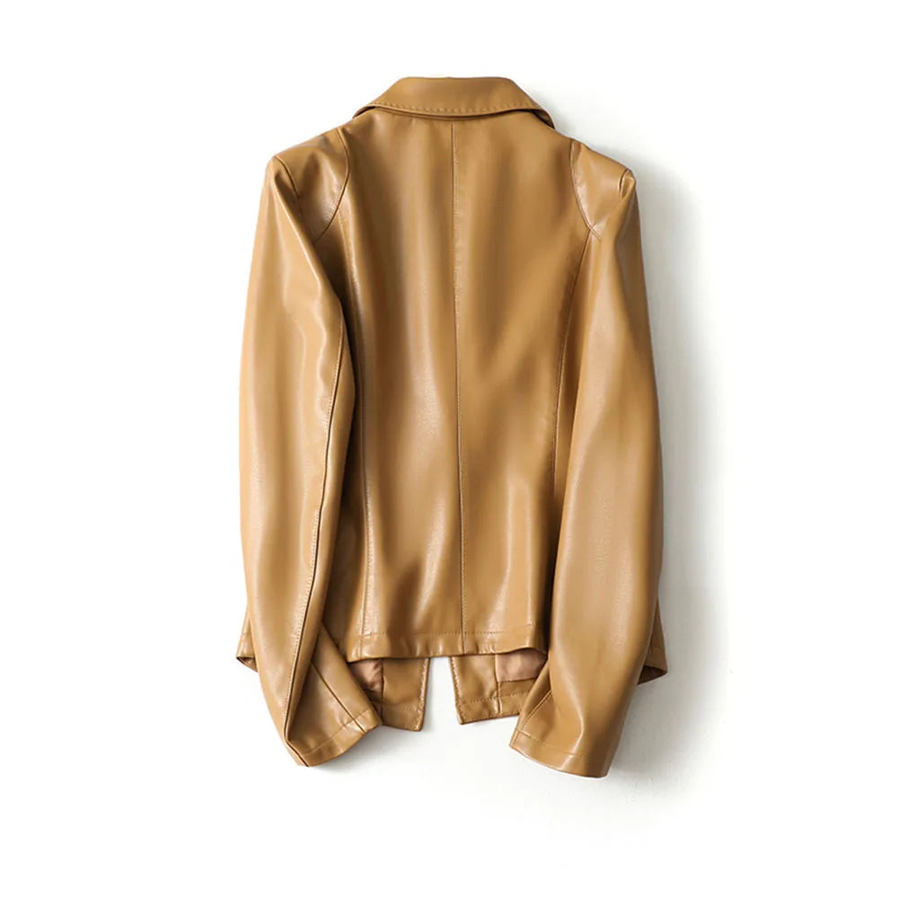Back view of the camel lambskin leather blazer, showing the smooth drape through the shoulders and back seam