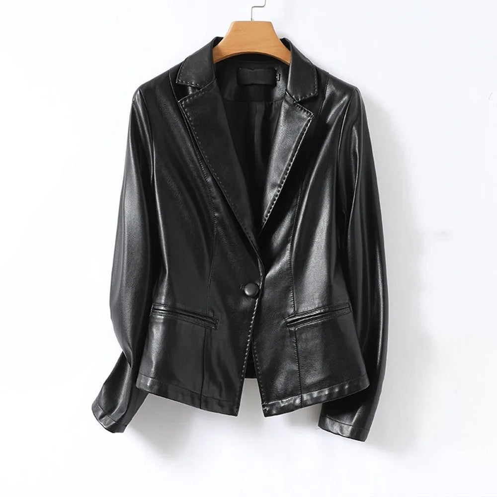 Black lambskin leather blazer with notched lapel and single-button closure, shown full front on a hanger
