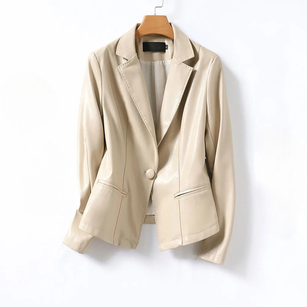 Off white lambskin leather blazer with notched lapel and single-button closure, shown full front on a hanger