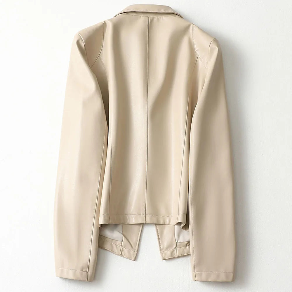 Back view of the off white lambskin leather blazer, showing the smooth drape through the shoulders and back seam