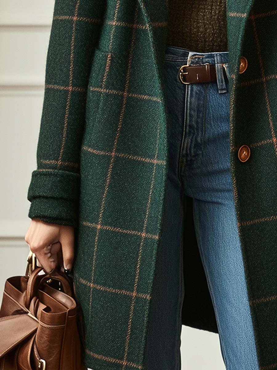 Close-up of a dark green plaid long coat paired with a brown turtleneck sweater and blue jeans, showing the coat's front and pocket details.