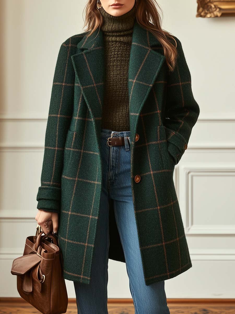 Woman wearing a dark green plaid long coat with a notched lapel, button-front closure, and relaxed tailored fit over a brown turtleneck sweater and blue jeans.