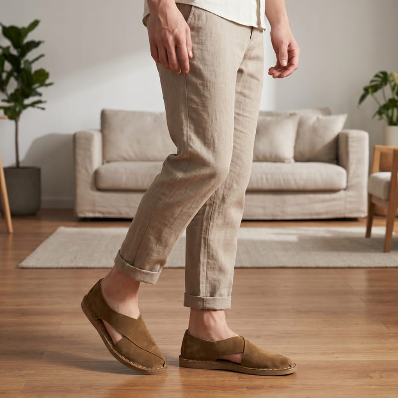 Legs in cuffed beige linen trousers wearing brown suede slip-on sandals, walking indoors near a sofa and rug