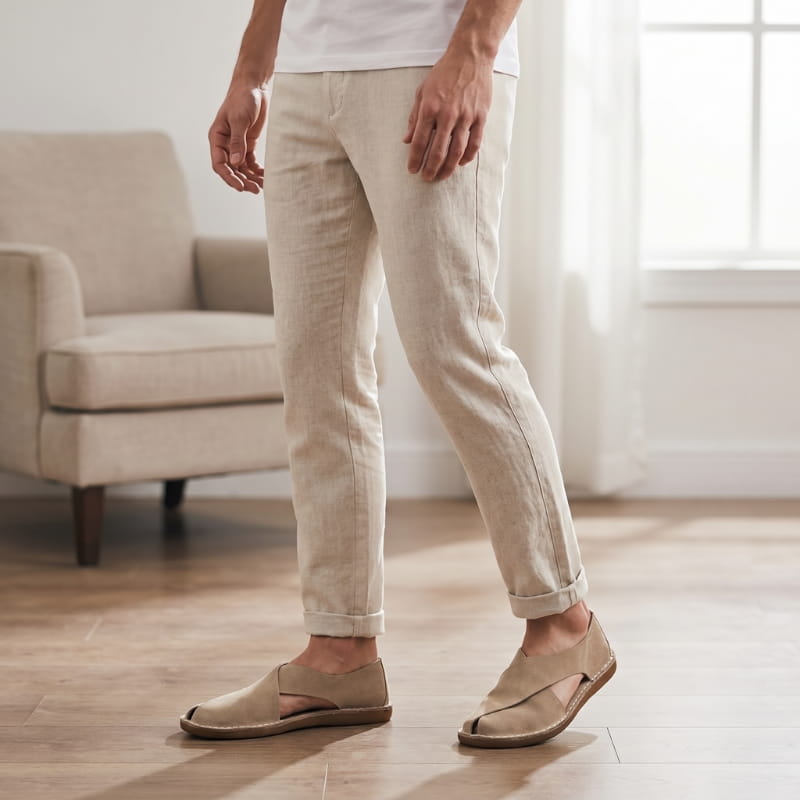 Man in white t-shirt and beige linen trousers standing indoors near an armchair, wearing khaki suede slip-on sandals