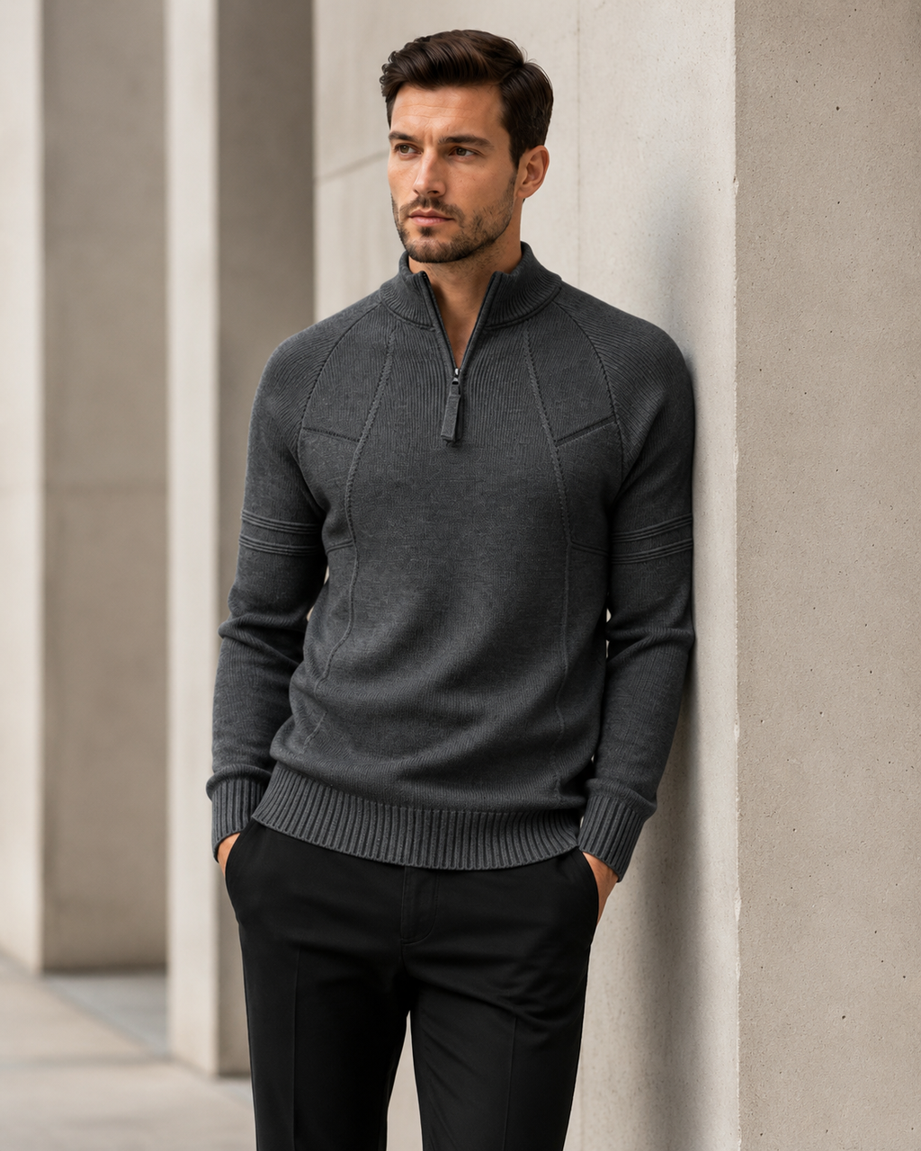 Charcoal gray fitted knit quarter-zip sweater with raglan sleeves, raised chest seams, and ribbed trim.