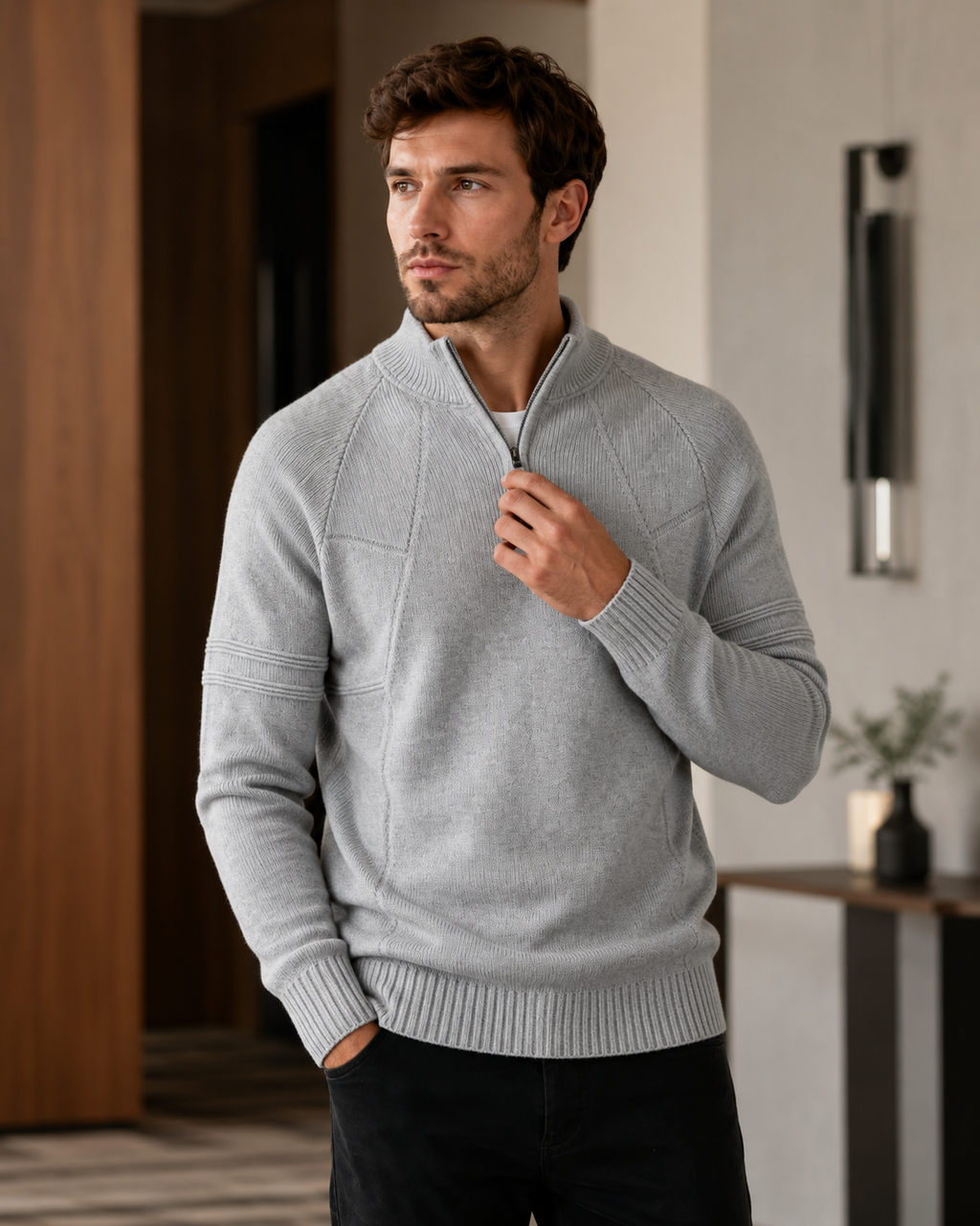 Fitted gray knit quarter-zip sweater with raglan sleeves, raised chest seams, and ribbed cuffs in a modern interior.