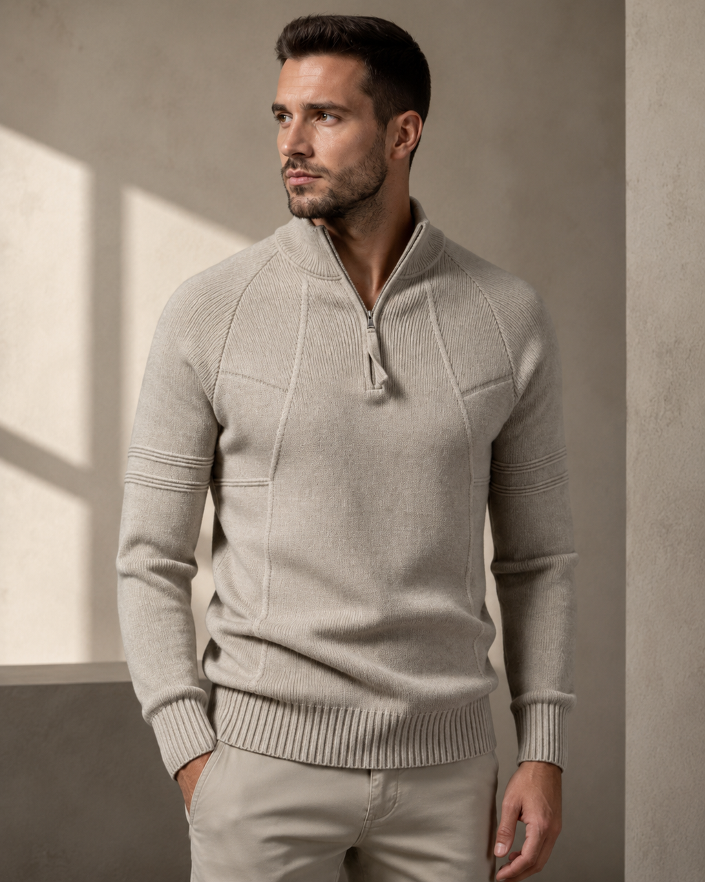 Beige fitted knit quarter-zip sweater with raglan sleeves, raised chest seams, and ribbed cuffs in a structured silhouette.