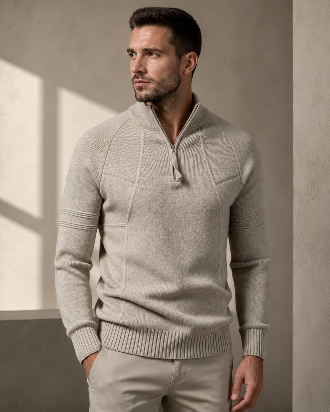 Beige fitted knit quarter-zip sweater with raglan sleeves, raised chest seams, and ribbed cuffs in a structured silhouette.
