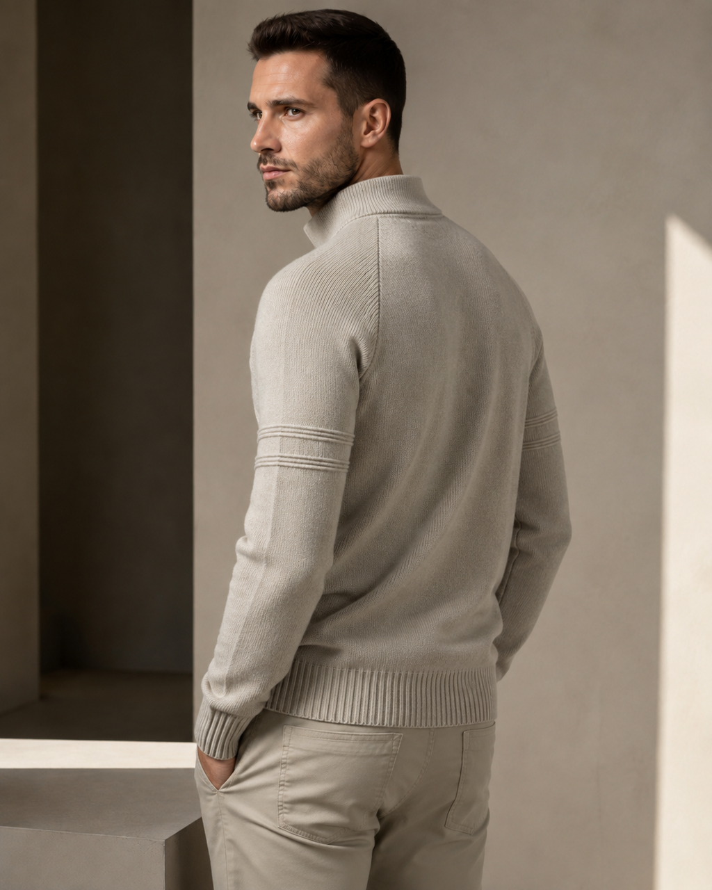 Gray fitted knit quarter-zip sweater with raglan sleeves, raised shoulder seams, and ribbed cuffs on a man.