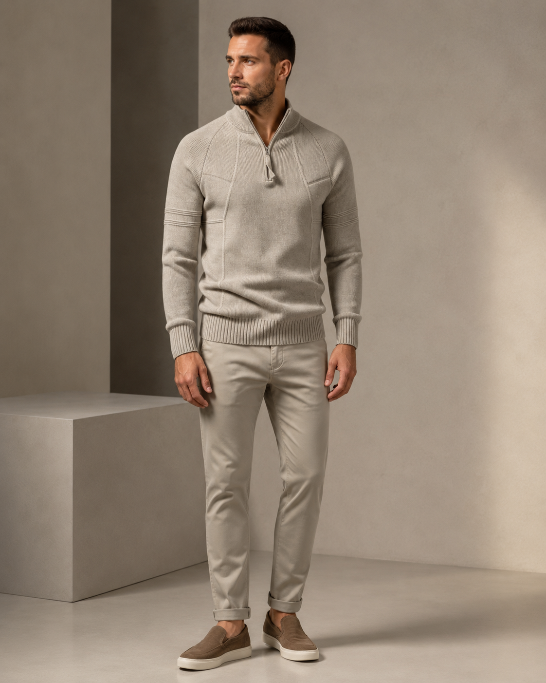Beige fitted knit quarter-zip sweater with raglan sleeves, raised chest seams, and ribbed trim, worn with matching chinos.