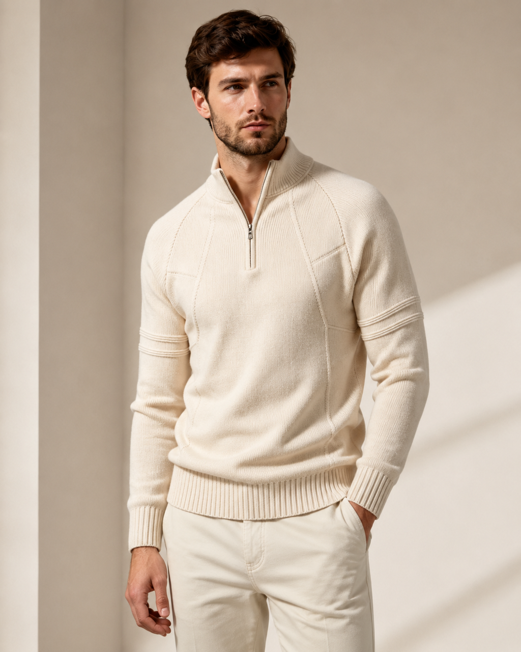 Cream fitted quarter-zip knit sweater with raglan sleeves, raised chest seams, and ribbed trim in a structured fit.