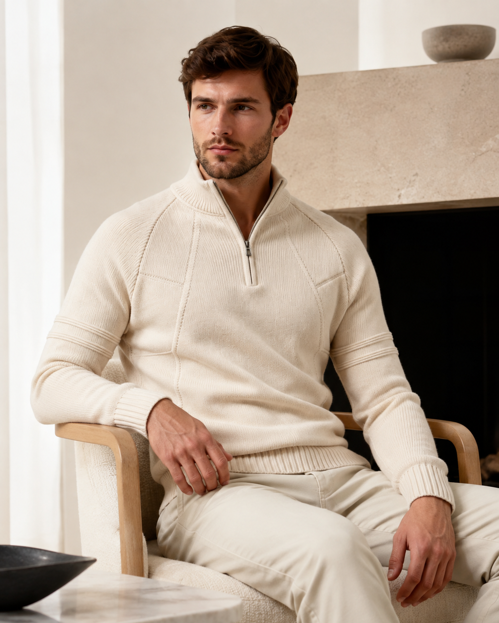 Fitted cream knit quarter-zip sweater with raglan sleeves, raised chest seams, and ribbed trim, worn by a seated man.