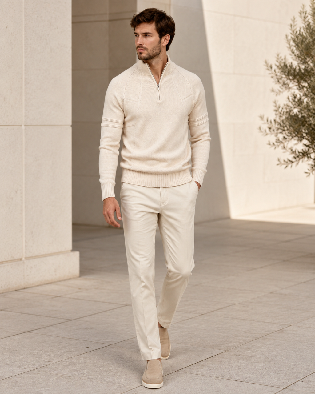 Cream quarter-zip knit sweater with raglan sleeves, seamed chest panels, and ribbed trim worn with matching trousers.