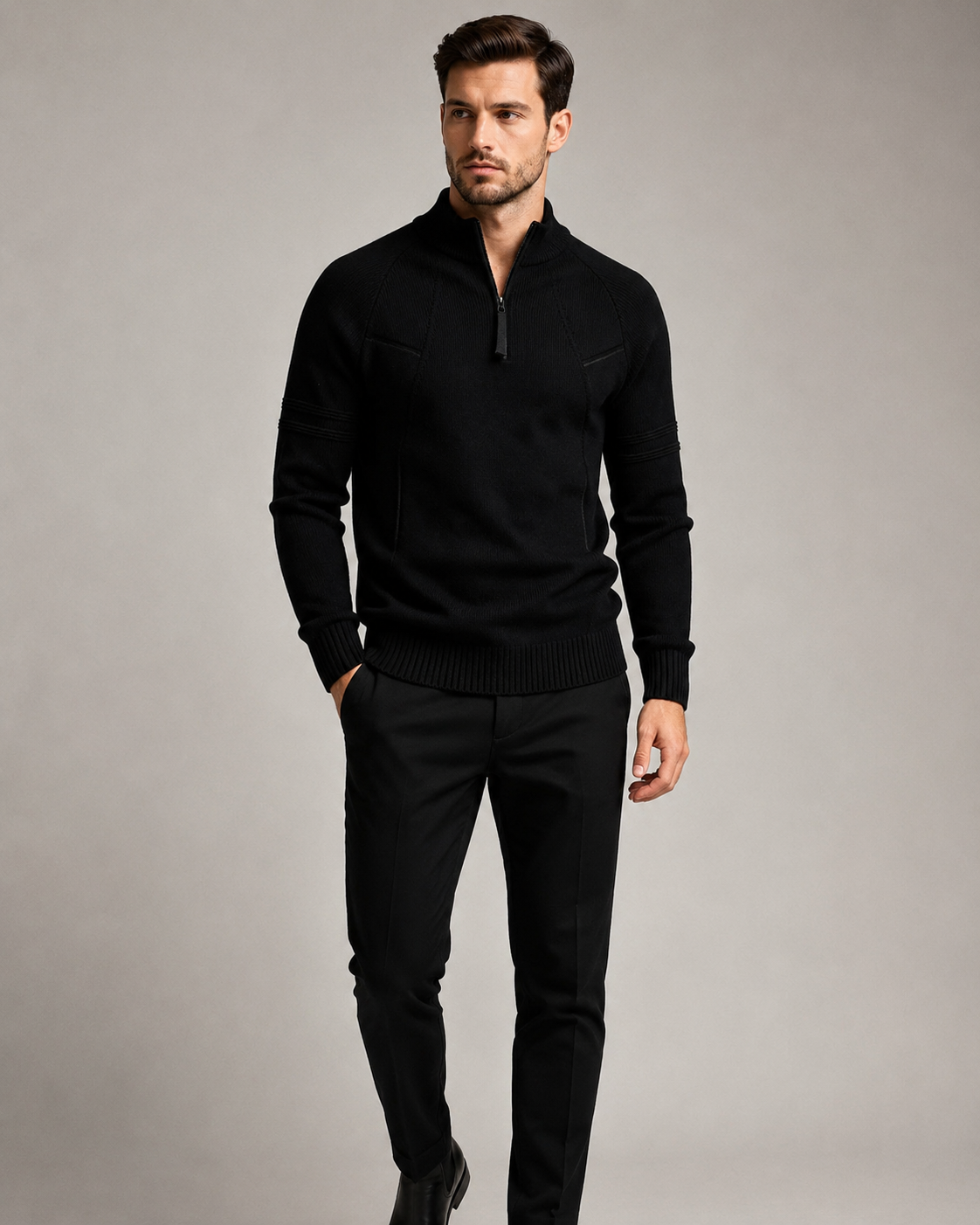 Black fitted knit quarter-zip sweater with raglan sleeves, raised chest seams, and ribbed cuffs on a standing model.