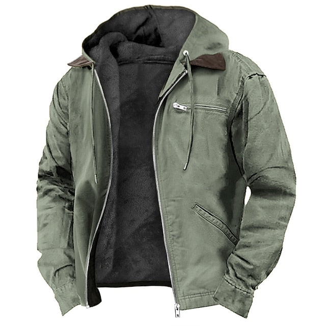 Olive green hooded insulated jacket featuring a fleece-lined interior, full-zip front, chest zip pocket, and side pockets on a white background.