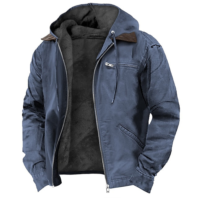 Blue hooded insulated jacket with a warm fleece-lined interior, zip-front closure, chest zip pocket, and long sleeves displayed on a white background.