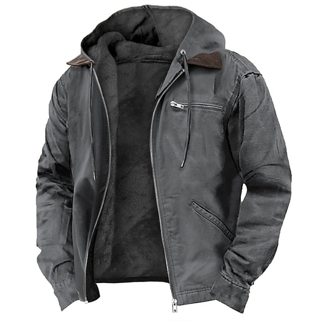 Dark Gray hooded insulated jacket featuring a fleece-lined interior, full-zip closure, chest zip pocket, and side pockets on a white background.