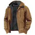 Brown hooded insulated jacket with a fleece-lined interior, zip-front closure, chest zip pocket, and side pockets displayed on a white background.