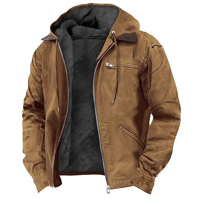 Brown hooded insulated jacket with a fleece-lined interior, zip-front closure, chest zip pocket, and side pockets displayed on a white background.