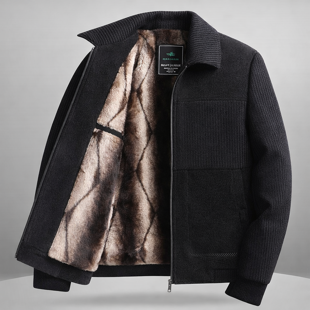 Flavio Wool Blend Bomber Jacket – Fur Lined Ribbed Panel Coat