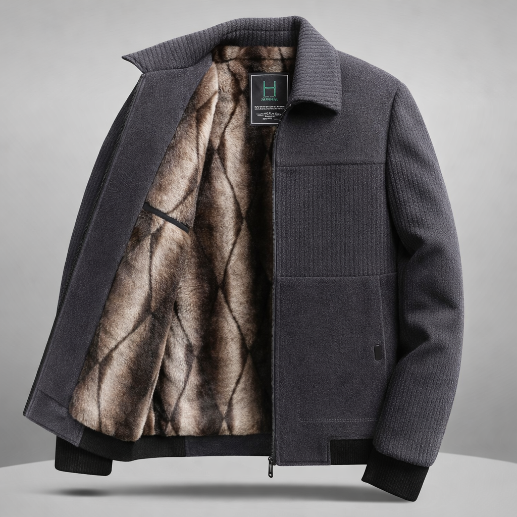 Flavio Wool Blend Bomber Jacket – Fur Lined Ribbed Panel Coat