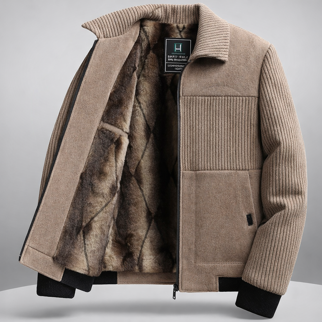 Flavio Wool Blend Bomber Jacket – Fur Lined Ribbed Panel Coat