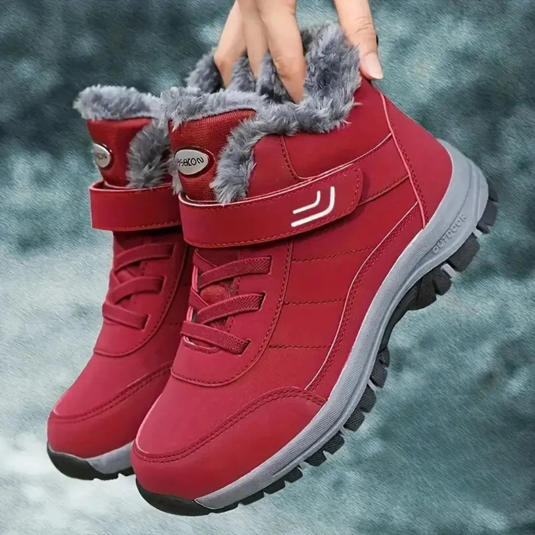 Red fleece-lined ankle boots for men with lace-up closure, buckle strap, and rugged anti-slip sole