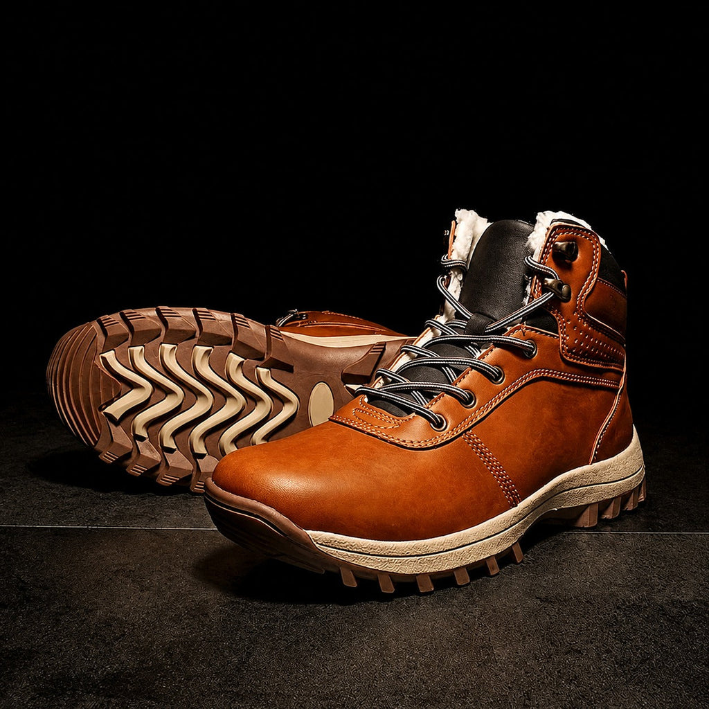 Brown fleece-lined ankle boots with lace-up closure, padded collar, and rugged anti-slip sole