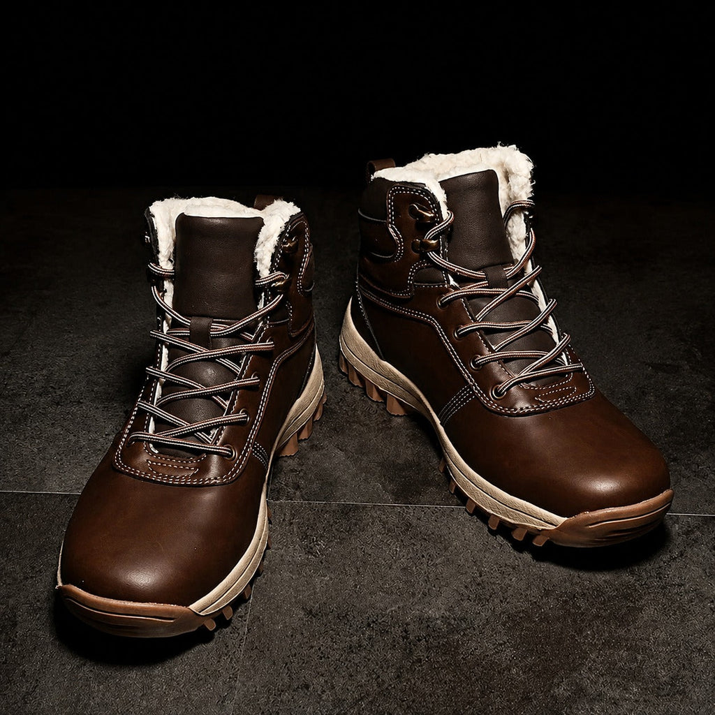 Dark Brown fleece-lined ankle boots with lace-up closure, padded collar, and rugged anti-slip sole