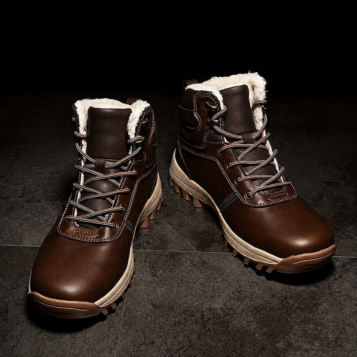 Dark Brown fleece-lined ankle boots with lace-up closure, padded collar, and rugged anti-slip sole