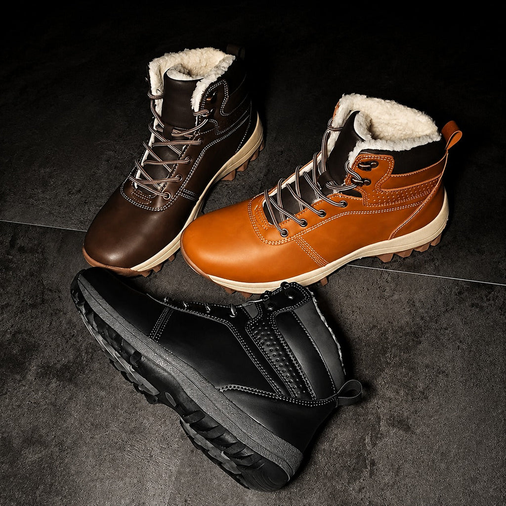 Brown, dark brown and Black fleece-lined ankle boots with lace-up closure, padded collar, and rugged sole