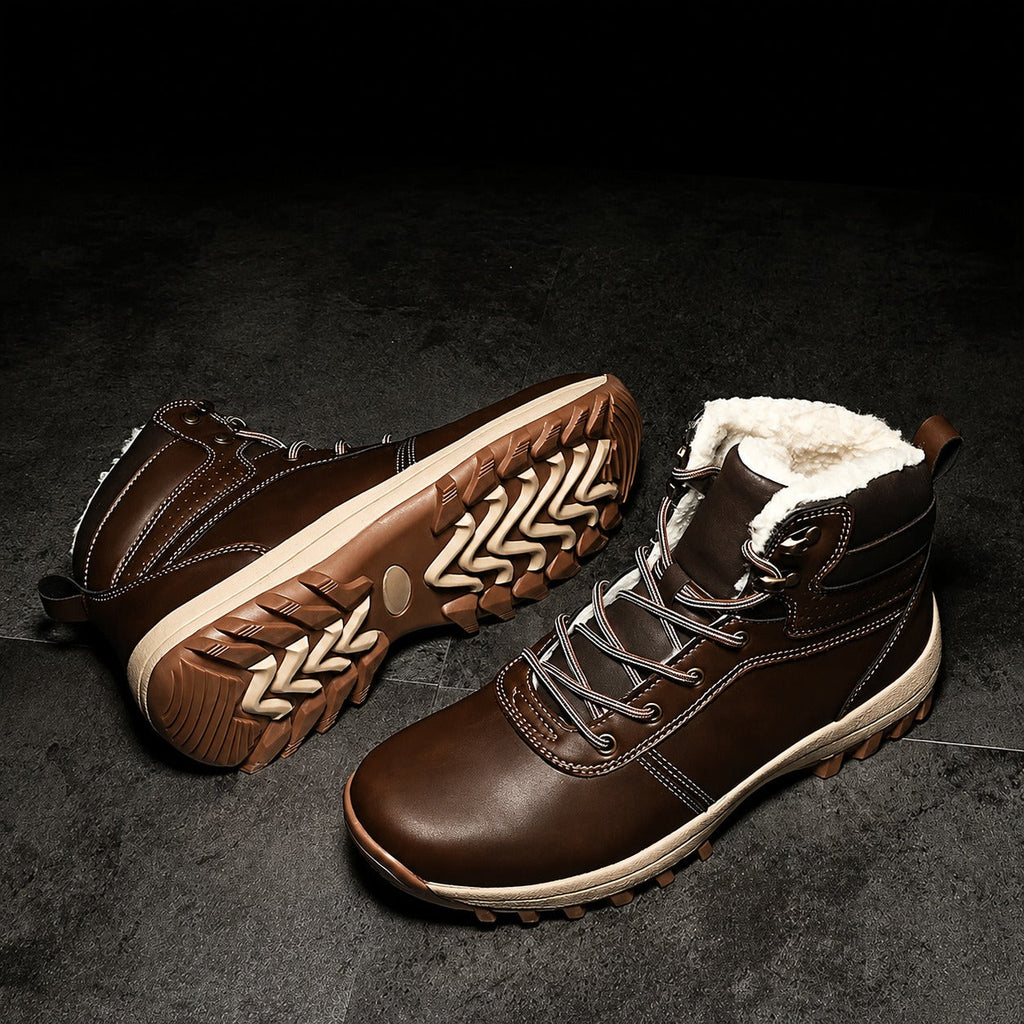 Dark Brown fleece-lined ankle boots with lace-up closure, padded collar, and rugged anti-slip sole