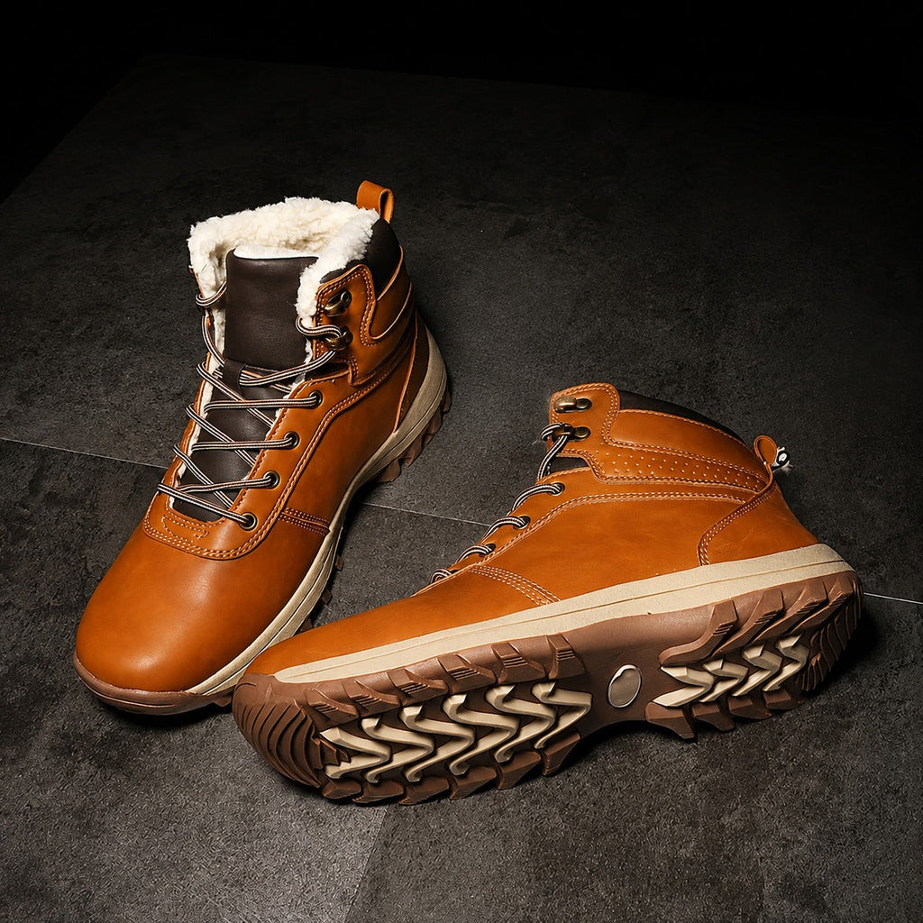 Orange Brown fleece-lined ankle boots with lace-up closure, padded collar, and rugged anti-slip sole