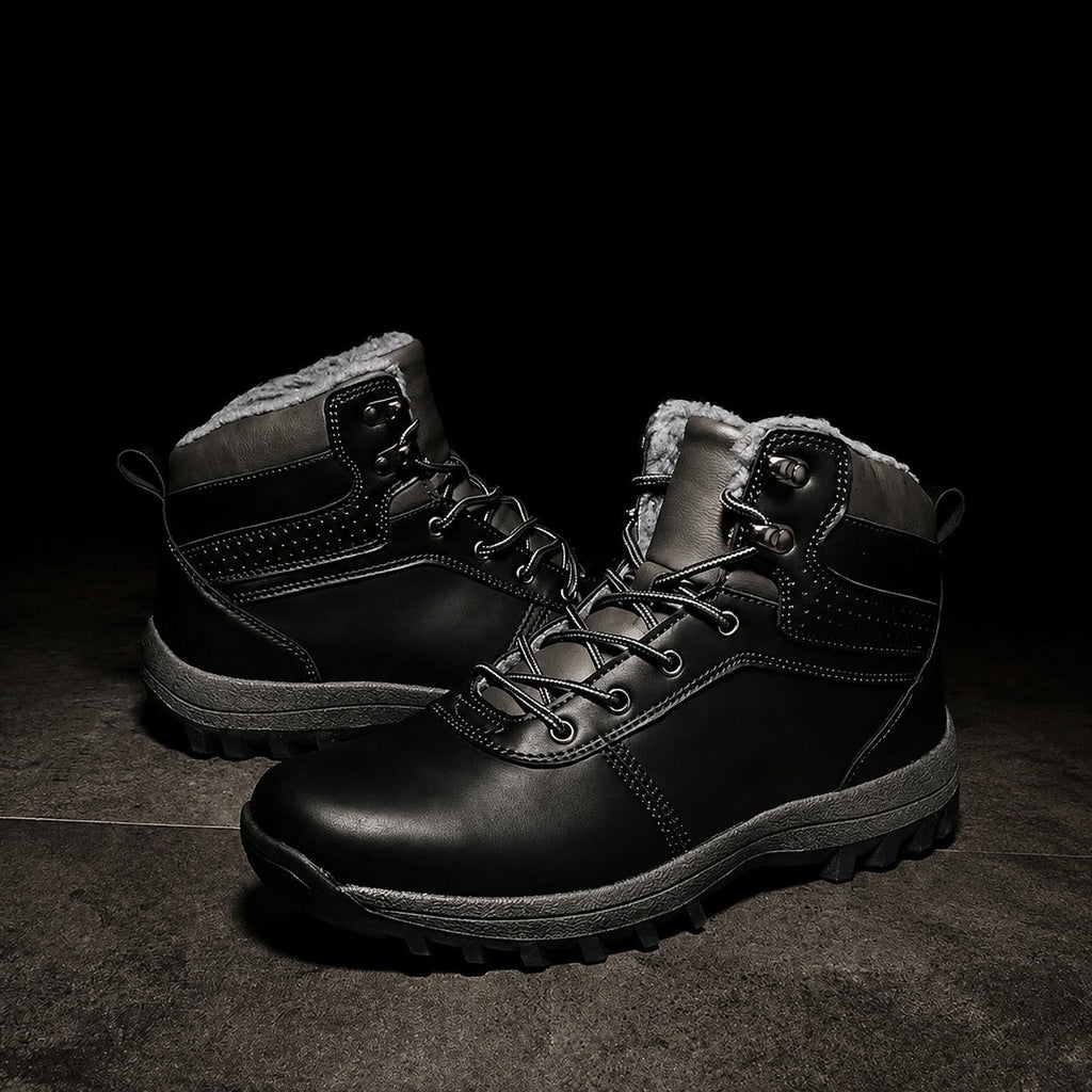 Black fleece-lined ankle boots with lace-up closure, padded collar, and rugged anti-slip sole