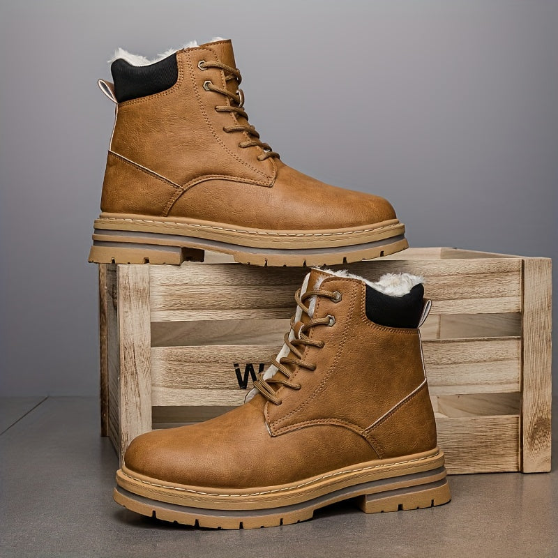 Tan fleece-lined ankle boots for men with lace-up closure, lug soles, and contrast stitching, side view