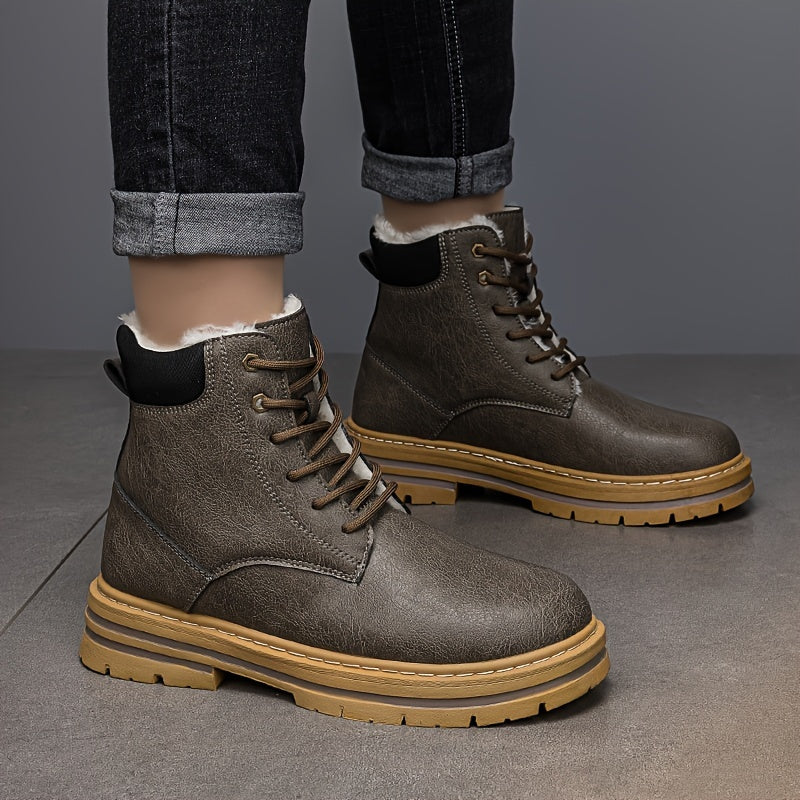 Brown fleece-lined ankle boots worn by a person, featuring lace-up closure, lug soles, and contrast stitching, side view