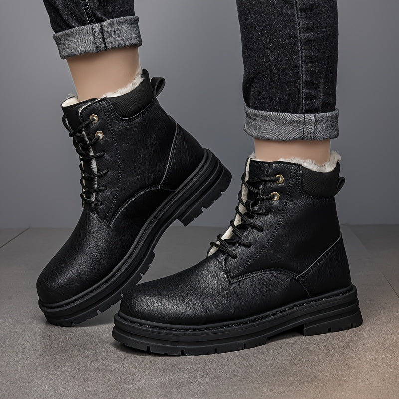 Black fleece-lined ankle boots worn by a person, featuring lace-up closure, lug soles, and contrast stitching