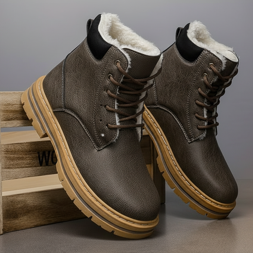Brown fleece-lined ankle boots for men with lace-up closure, lug soles, and contrast stitching